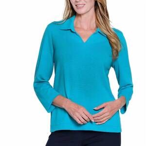 NEW MULTIPLES johnny collar 3/4 sleeve top in aqua